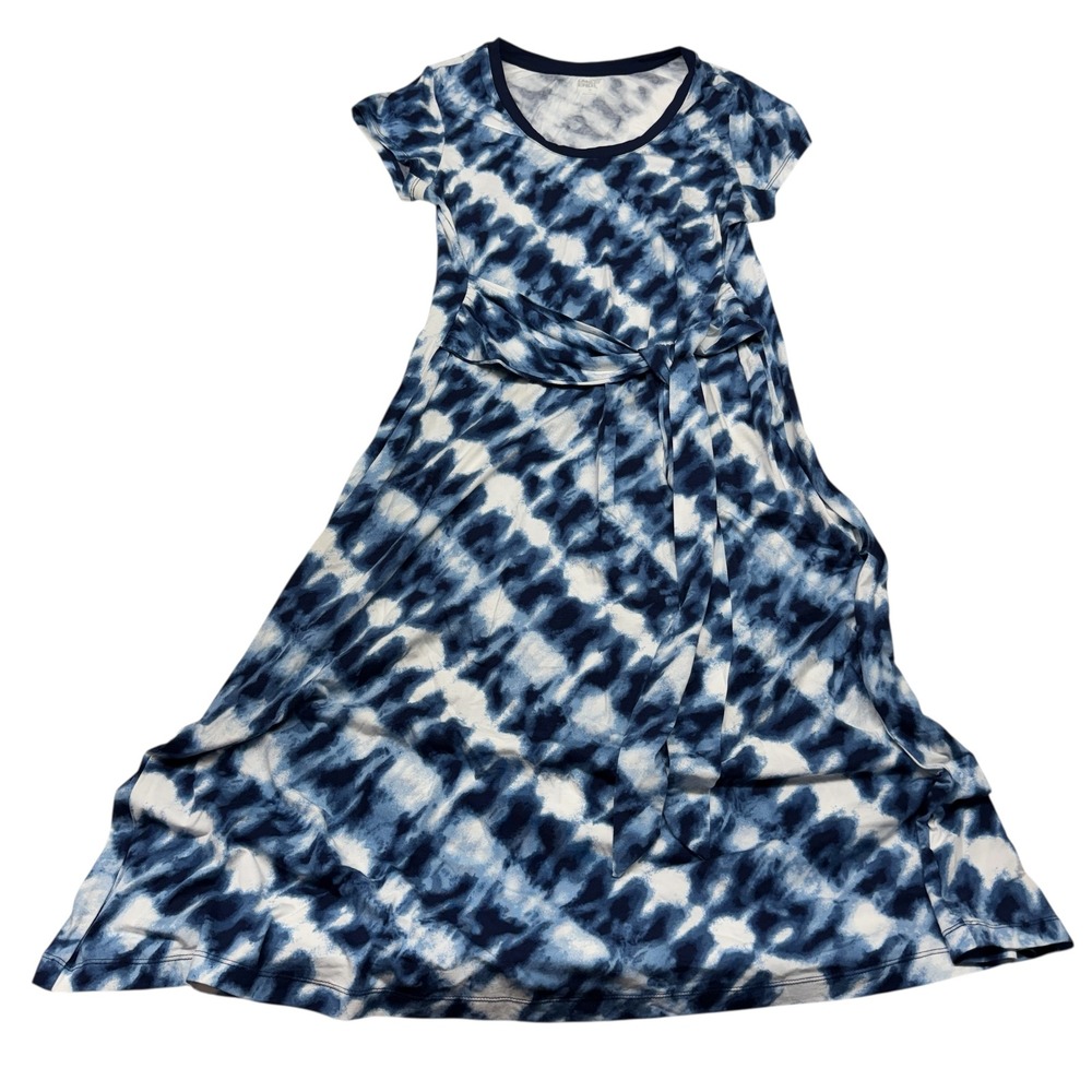 Lands End Blue White Tie Dye Short Sleeve Maxi Dress with Waist Tie Size S 6-8
